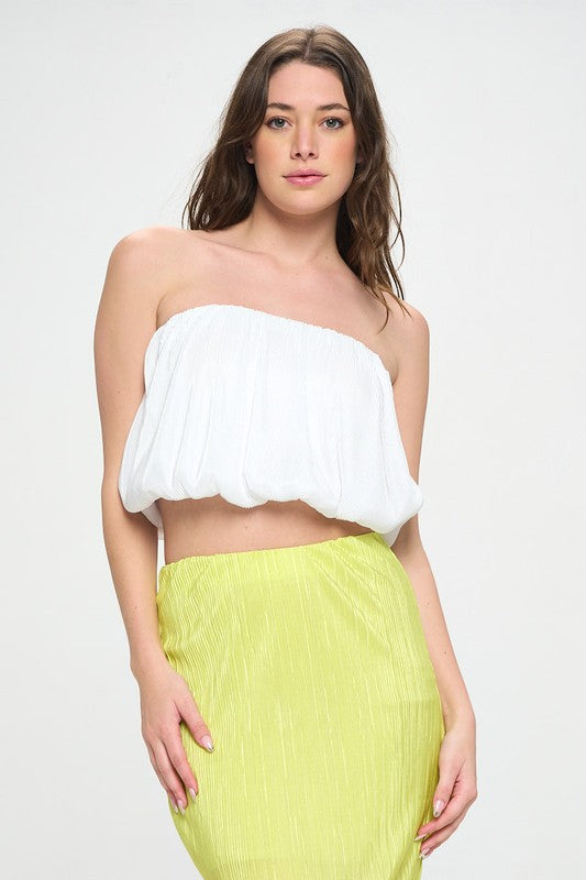 Renee C Vibrant Plisse Tube Crop Top- White