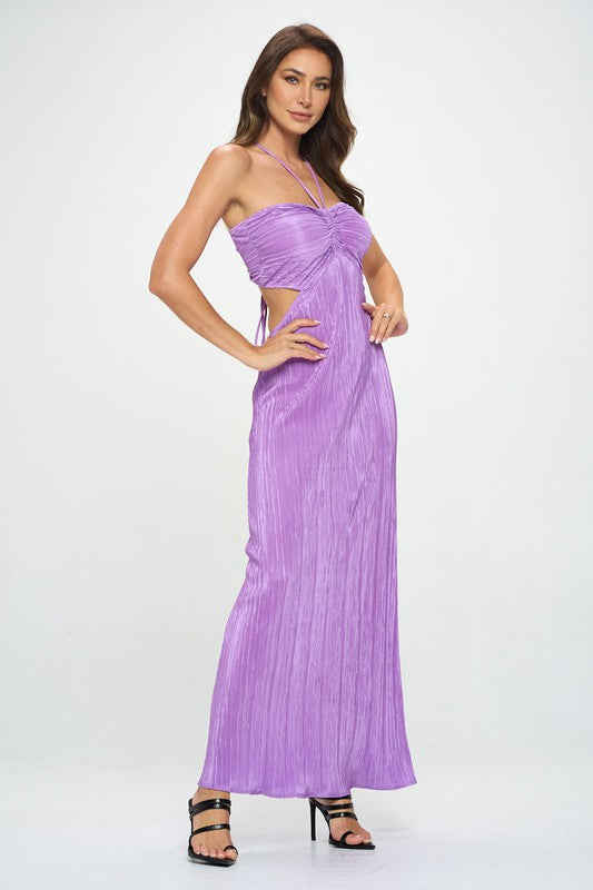 Plisse Halterneck Maxi Cutout Dress with Open Back-4 Colors