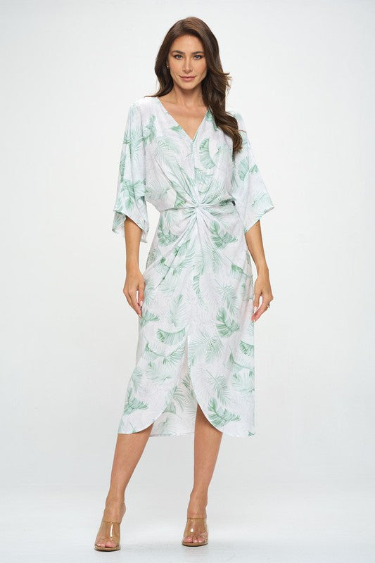 Renee C Tropical Leaf Print Kimono Dress with Front Twist