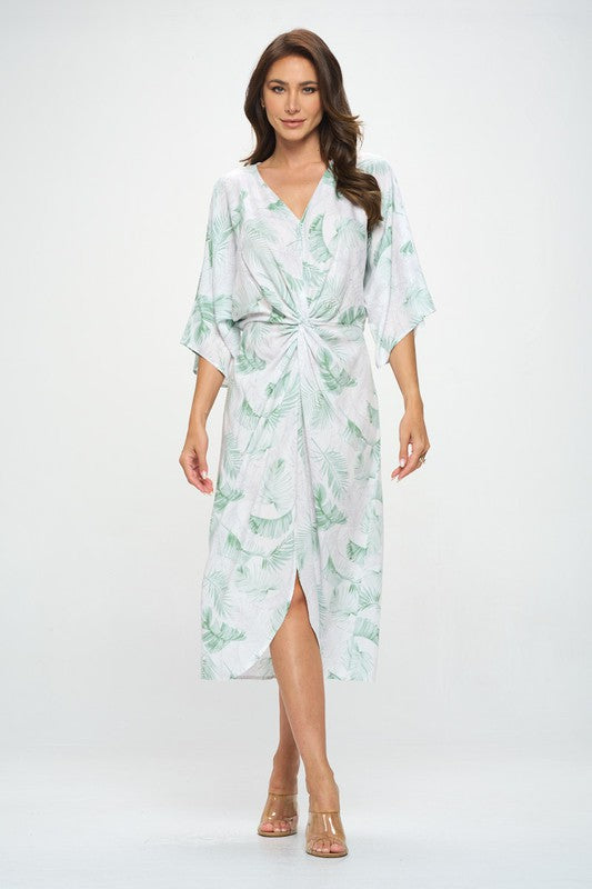 Renee C Tropical Leaf Print Kimono Dress with Front Twist