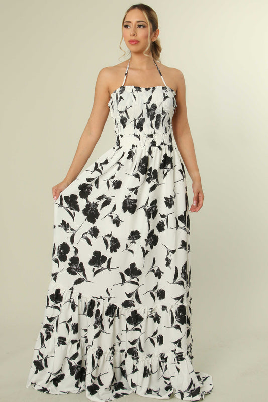 Black Flower Tiered Bottom Halter Maxi Dress