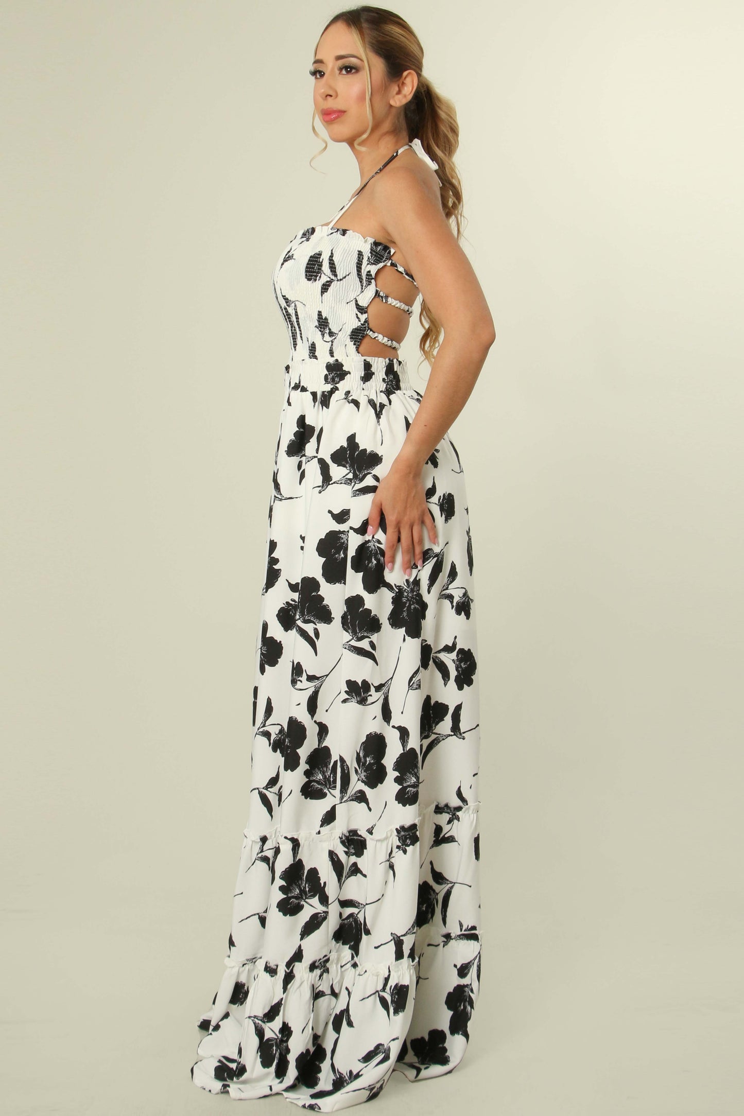 Black Flower Tiered Bottom Halter Maxi Dress