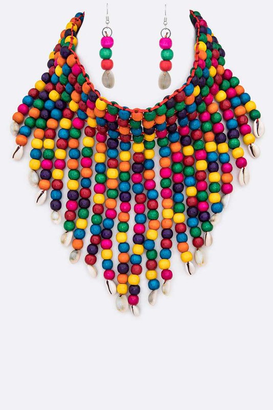 Wooden Beads Seashell Statement Necklace Set