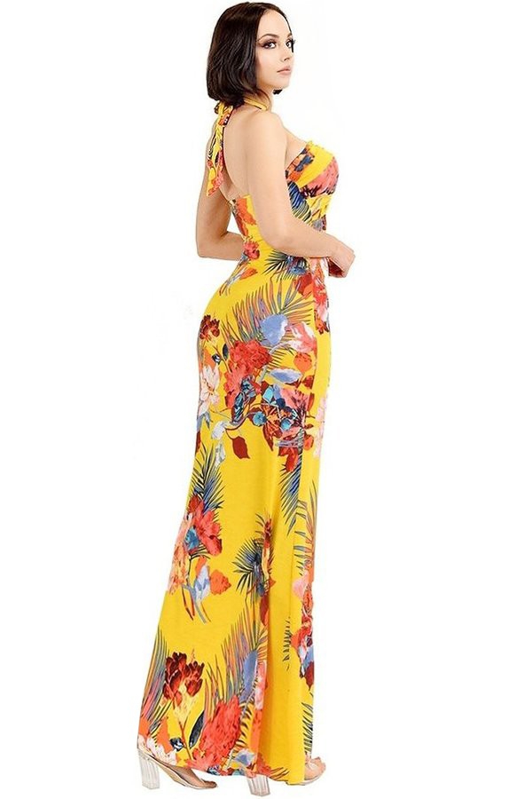 Floral Print Halter Neck Maxi Dress- Yellow