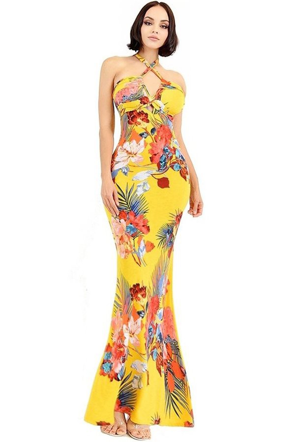 Floral Print Halter Neck Maxi Dress- Yellow