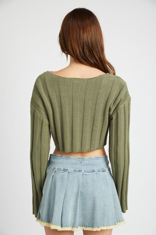 WIDE RIB LONG SLEEVE V NECK TOP- 3 Colors