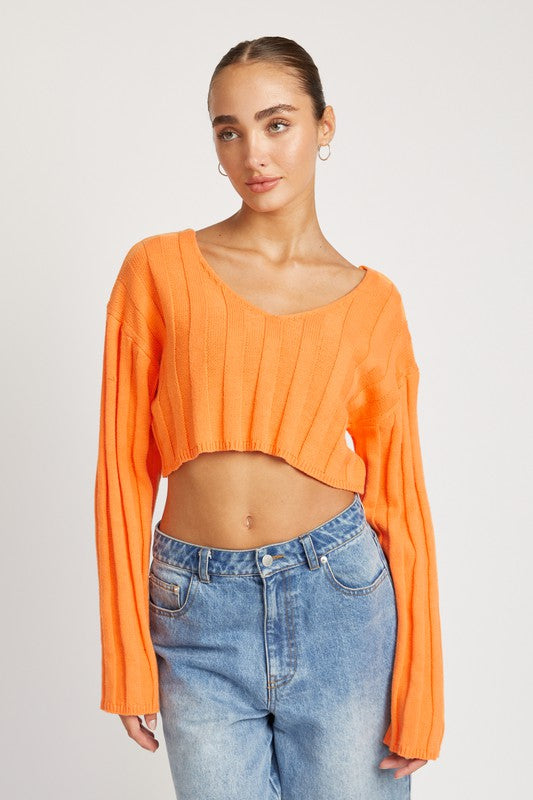 WIDE RIB LONG SLEEVE V NECK TOP- 3 Colors