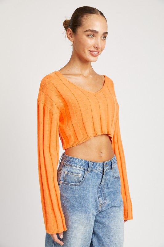 WIDE RIB LONG SLEEVE V NECK TOP- 3 Colors