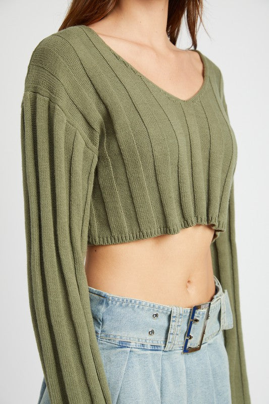 WIDE RIB LONG SLEEVE V NECK TOP- 3 Colors