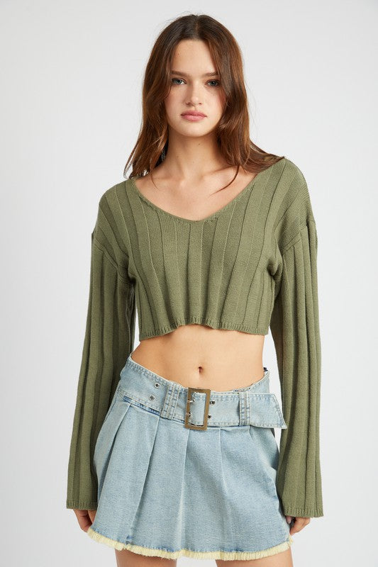 WIDE RIB LONG SLEEVE V NECK TOP- 3 Colors