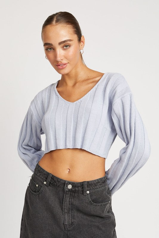 WIDE RIB LONG SLEEVE V NECK TOP- 3 Colors