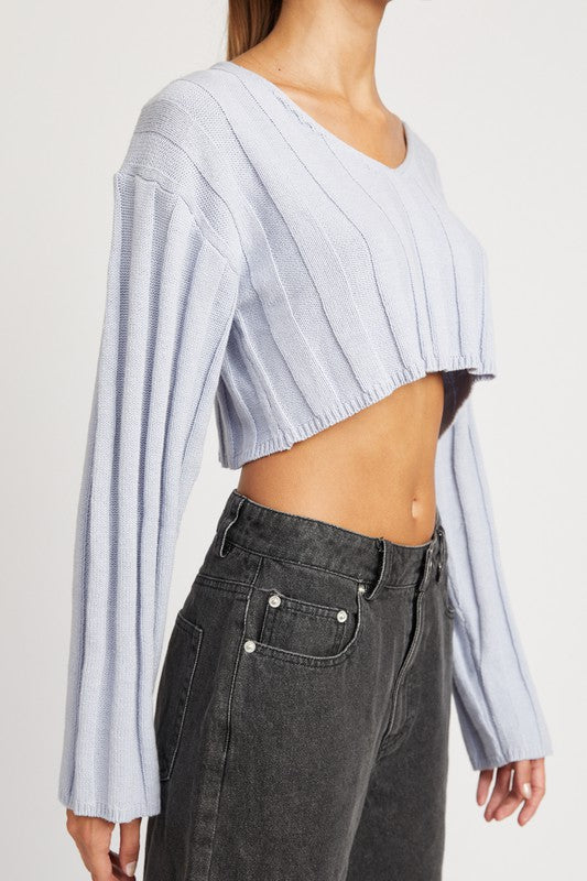 WIDE RIB LONG SLEEVE V NECK TOP- 3 Colors