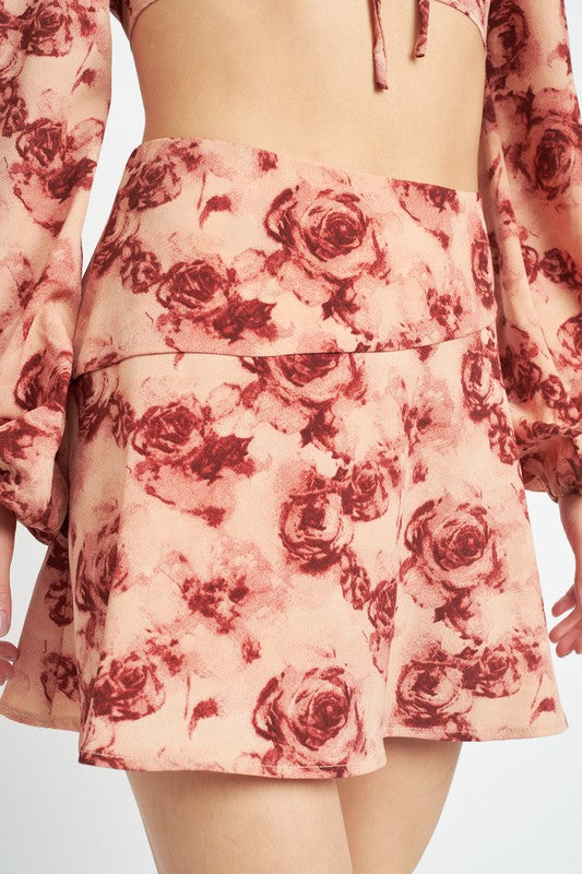 ROSE FLORAL FLARED MINI SKIRT