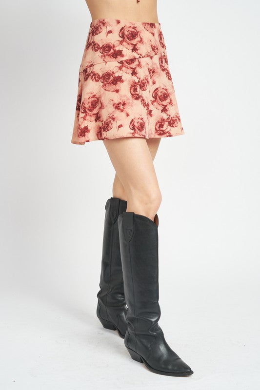 ROSE FLORAL FLARED MINI SKIRT