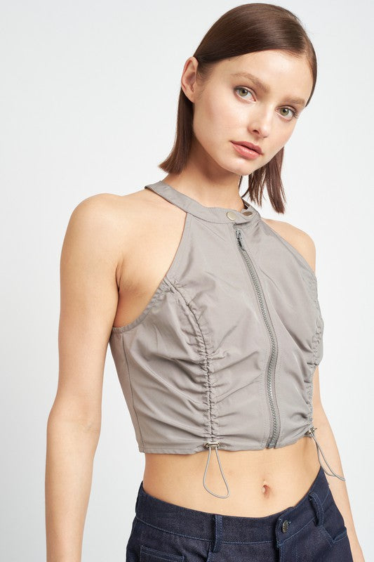 ZIP FRONT HALTER NECK CROPPED TOP- 2 COLORS