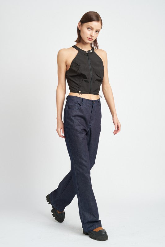 ZIP FRONT HALTER NECK CROPPED TOP- 2 COLORS