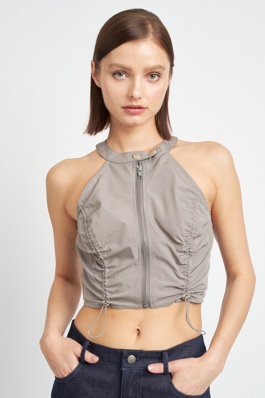 ZIP FRONT HALTER NECK CROPPED TOP- 2 COLORS