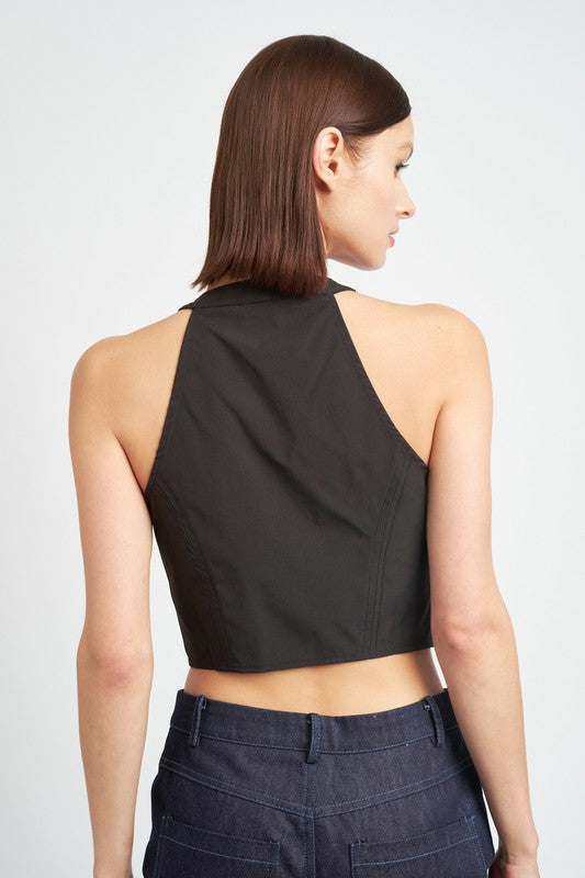 ZIP FRONT HALTER NECK CROPPED TOP- 2 COLORS