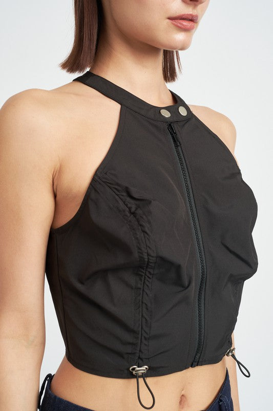 ZIP FRONT HALTER NECK CROPPED TOP- 2 COLORS