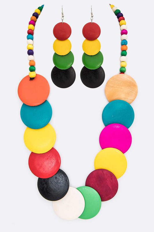 Mix Color Wooden Disk Long Necklace Set