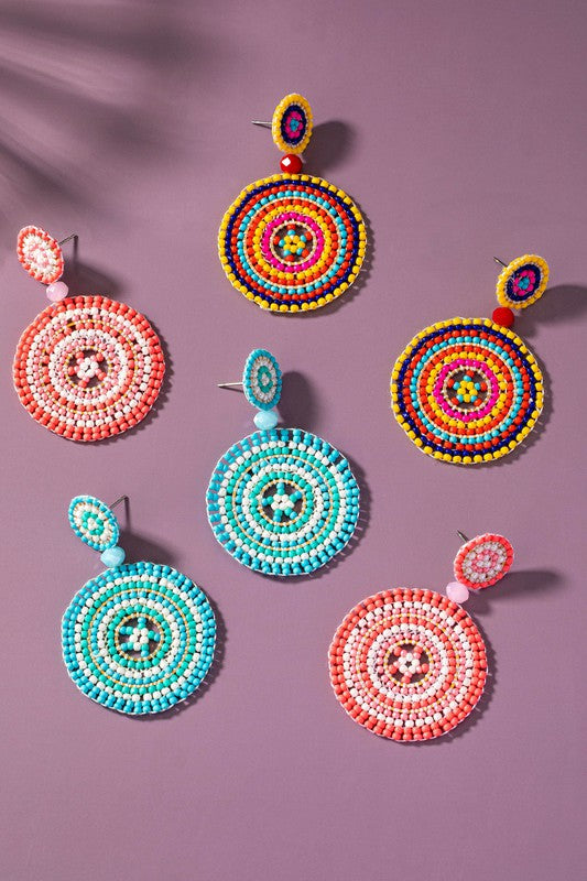Handmade Color Seed Bead Disk Drop Earrings