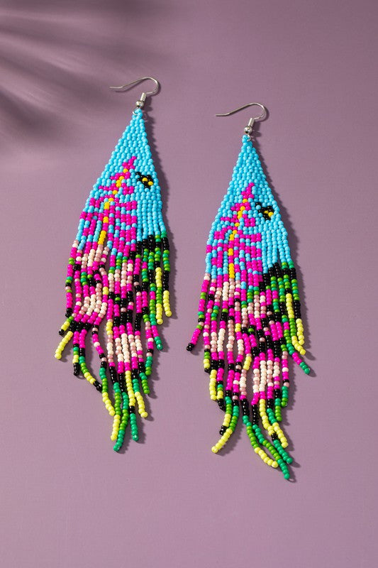 Blue & Fuchsia Flower Seed Bead Drop Earrings