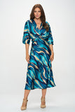 Renee C Satin Stretch Print Dress with Front Twist-Teal
