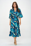 Renee C Satin Stretch Print Dress with Front Twist-Teal