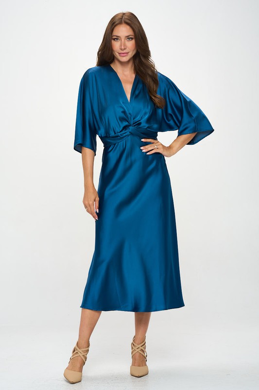 Renee C Satin Stretch Solid Dress with Front Twist- Full Teal