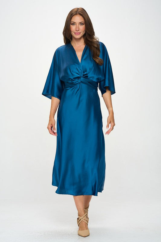 Renee C Satin Stretch Solid Dress with Front Twist- Full Teal