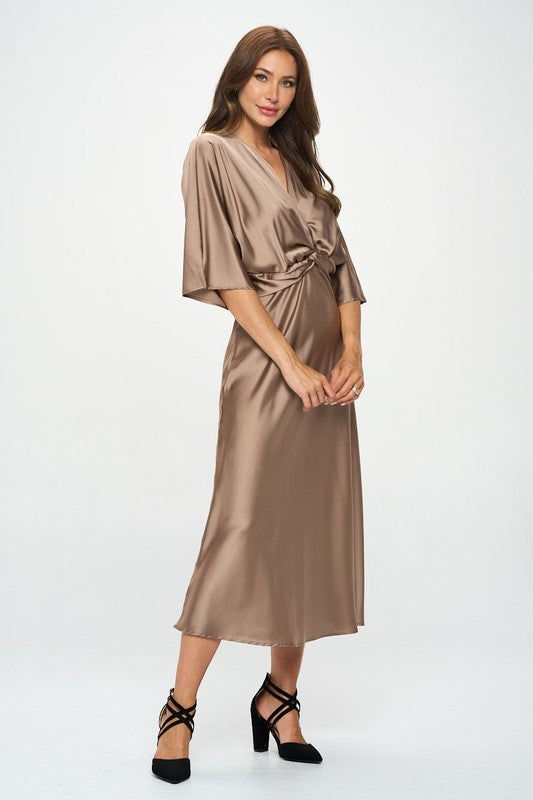 Renee C Satin Stretch Solid Dress with Front Twist-Dune