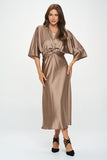 Renee C Satin Stretch Solid Dress with Front Twist-Dune