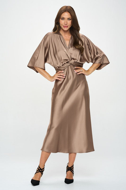 Renee C Satin Stretch Solid Dress with Front Twist-Dune