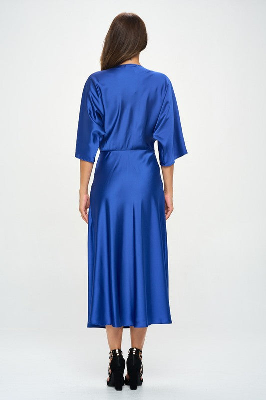 Renee C Satin Stretch Solid Dress with Front Twist-Royal Blue
