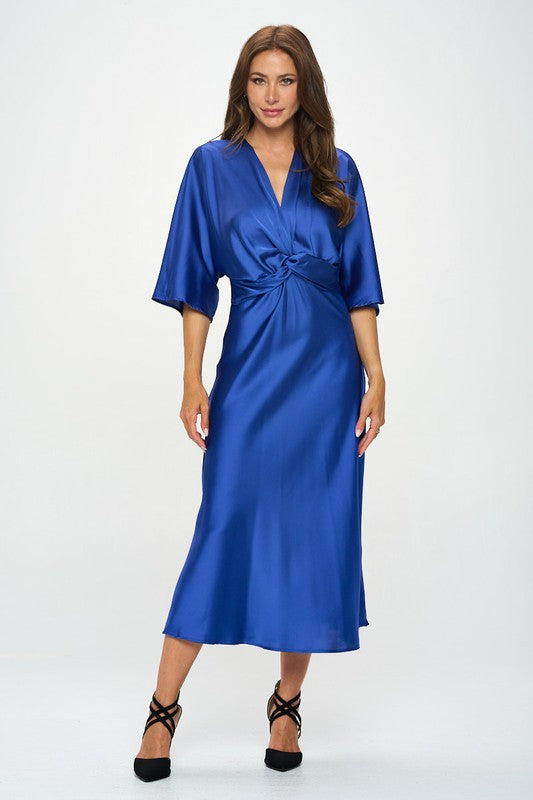 Renee C Satin Stretch Solid Dress with Front Twist-Royal Blue