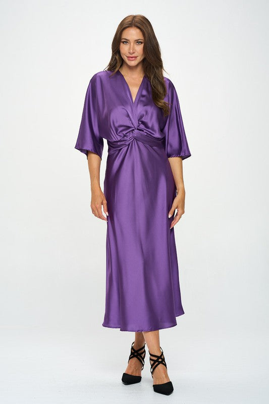 Renee C Satin Stretch Solid Dress with Front Twist-Purple