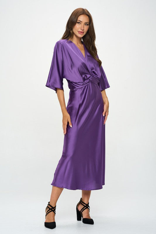 Renee C Satin Stretch Solid Dress with Front Twist-Purple