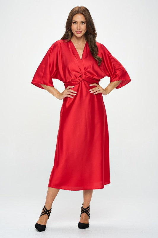 Renee C Satin Stretch Solid Dress with Front Twist-Red