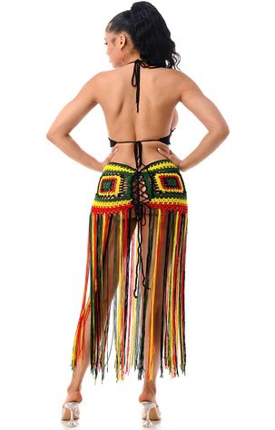 Reggae Rasta Halter Neck Fringe Crochet Coverup Swimwear Dress
