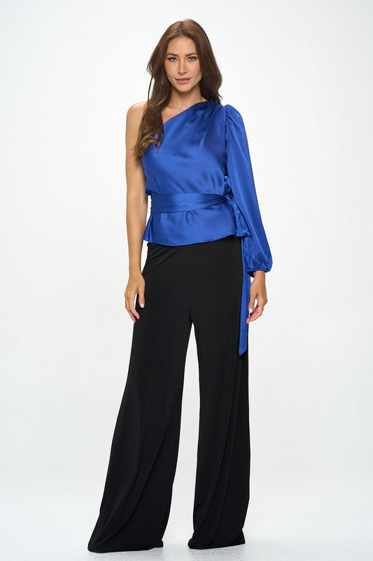 Renee C Stretch Satin One Shoulder Formal Top with Tie