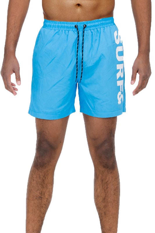 Men's Solid Lined Beach Swim Text Swim Shorts