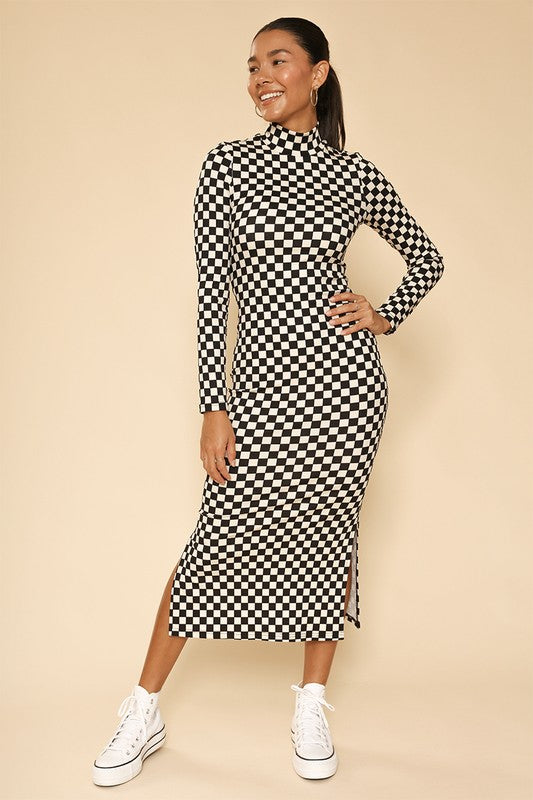 Checkered Ribbed Mock Neck Midi Dress