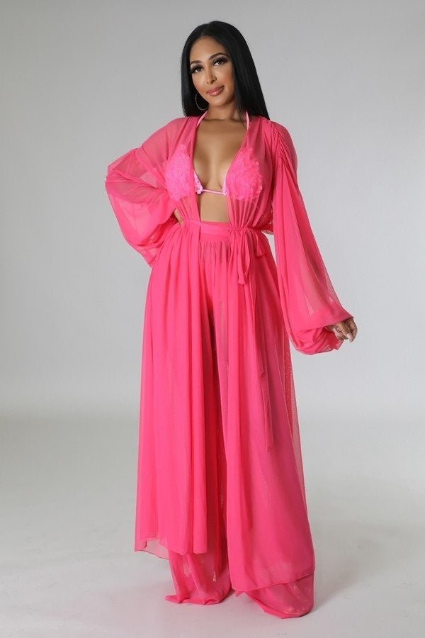 Sheer Cardigan & High Waist Pants Coverup Set