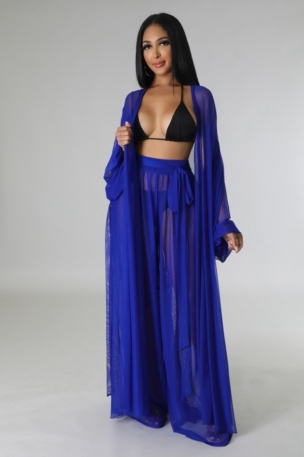 Sheer Cardigan & High Waist Pants Coverup Set