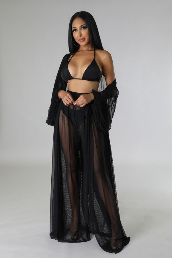 Sheer Cardigan & High Waist Pants Coverup Set