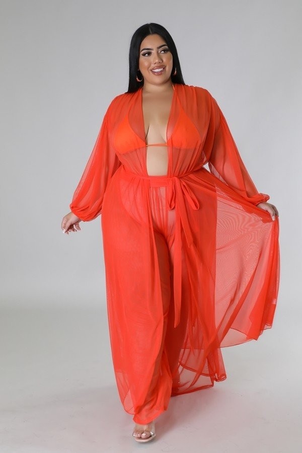 Sheer Cardigan & High Waist Pants Coverup Set