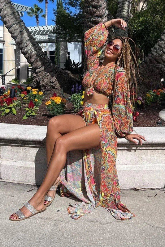 Resort Long Sleeve Top & Double Slit Maxi Dress