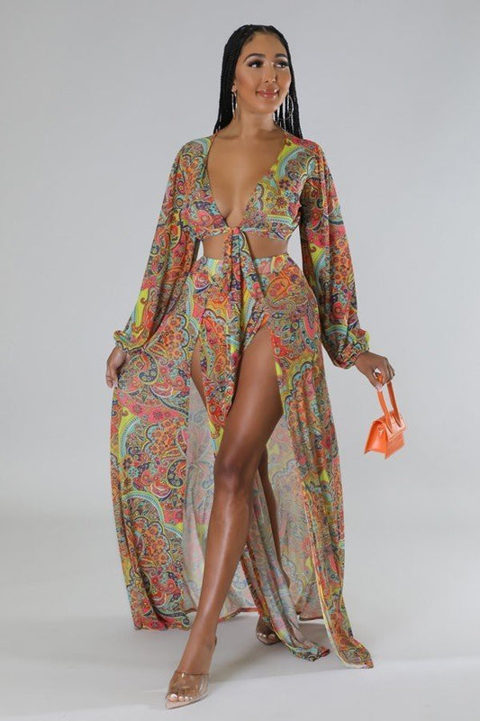 Resort Long Sleeve Top & Double Slit Maxi Dress
