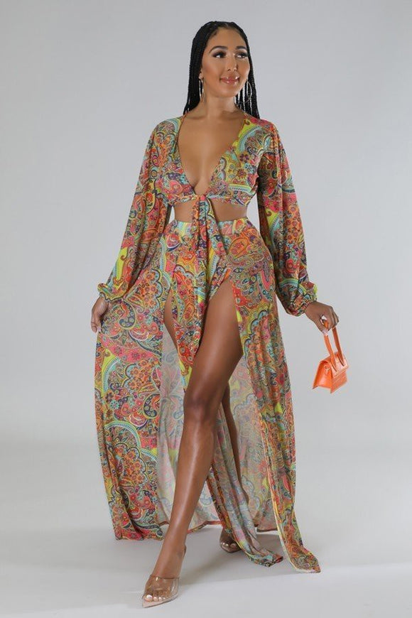 Resort Long Sleeve Top & Double Slit Maxi Dress