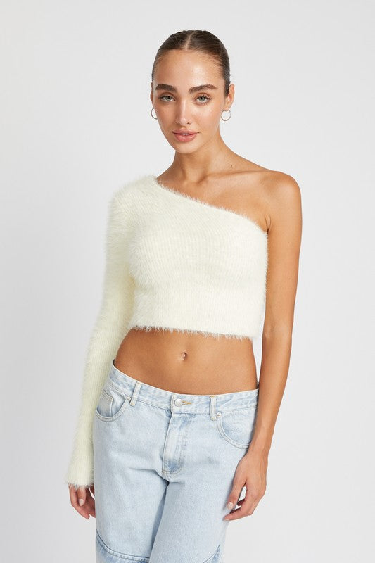 ONE SHOULDER FLUFFY SWEATER TOP- 2 COLORS